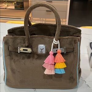 Mocha velour Tote Bag with Colorful Tassels